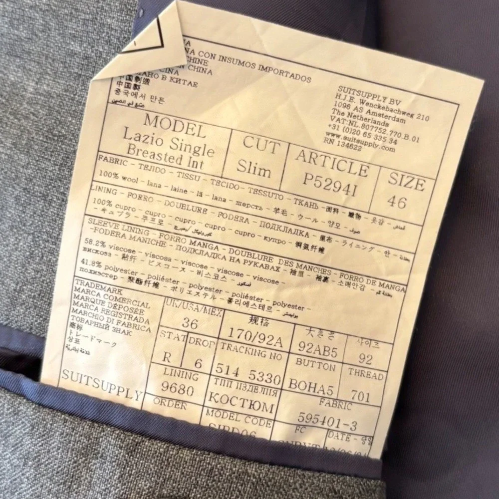 Suit Supply | Men's 36 US 46 EU Slim Cut | Lazio Single‎ Breasted | 100% Wool